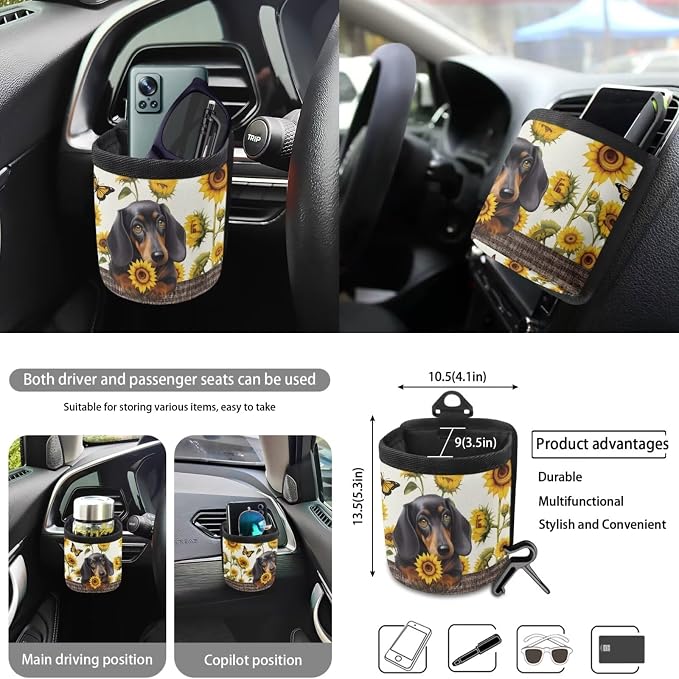 Dachshund Sunflower Butterfly Pattern Car Seat Covers Full Set Car Accessories Pack of 10 Steering Wheel Cover Cup Holder Car Trash Can Keychain Air Vent Pounch Bag Interior Covers for Auto