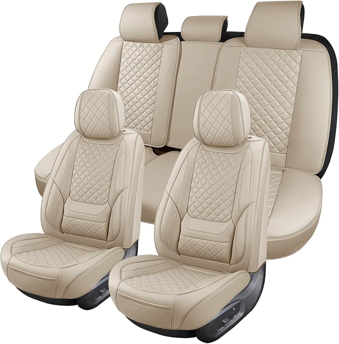 Leather Car Seat Covers Full Set Breathable Automotive Seat Covers Waterproof Seat Protectors Fit for Most Automotive Cars SUV Trucks Vehicle (Beige, Full Set)