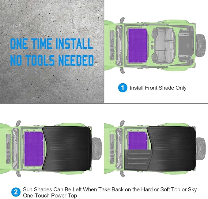 JT JL Top Sun Shade Roof Compatible with Jeep Wrangler and Gladiator 2 or 4 Door 2018 to 2023 Sunshade Sunroof Blocks UV Wind Noise Purple Mesh for Front