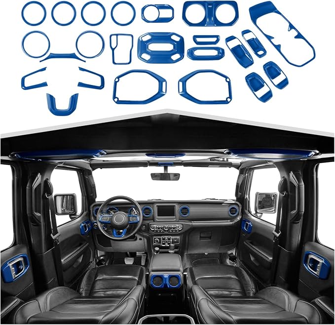 23pcs Full Set Interior Trim Kit for Jeep Wrangler JL JLU Gladiator JT 2018-2023 Steering Wheel Door Handle Air Conditioning Vent Cup Holder Reading Light Headlight Gear Cover, Blue
