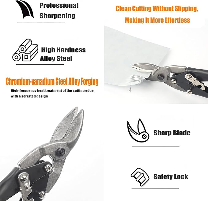 3-Piece Aviation Tin Snips Set, 10-Inch Sheet Metal Cutting Snips, Straight Left Right Cut Cr-V Steel Aviation Shears with Serrated Blades, Safety Lock and Ergonomic Rubber Grip