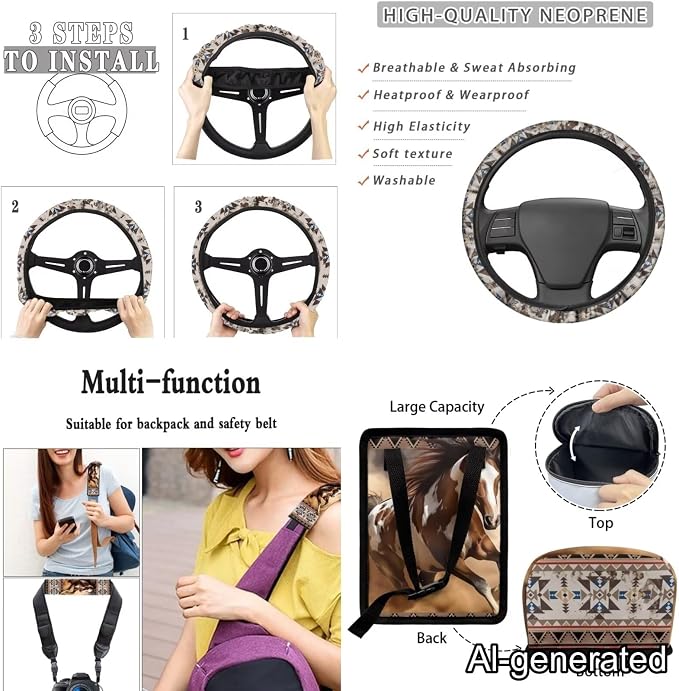 Dreaweet Native American Horse Seat Covers for Cars Full Set Southwestern Tribal Car Accessories Steering Wheel Cover Seat Belt Pads Coasters Trash Bag Air Vent Storage Bag Rearview Mirror Cover