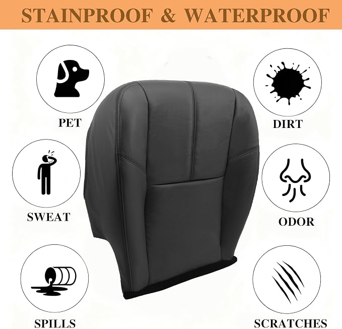 #193 Black Driver＆Passenger Side Bottom Seat＆Top Lean Back Leather Covers Compatible with Chevy Silverado Suburban Avalanche/GMC Sierra Tahoe Yukon 2007 2008 2009 2010 2011 2012 2013 2014