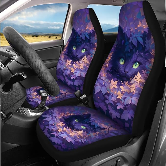 Cute Black Cat Car Interior Accessories for Women, Car Seat Covers Full Set with Auto Steering Wheel Cover Center Console Pad Seat Belt Covers, Auto Decorations Set of 8