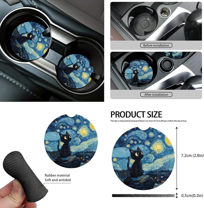 Black Cat Starry Night Print Car Accessories Car Seat Covers Full Set with Steering Wheel Covers+Seat Belt Pads+Coasters+Keychain+Lipstick Holder Universal Fit 13 Pack