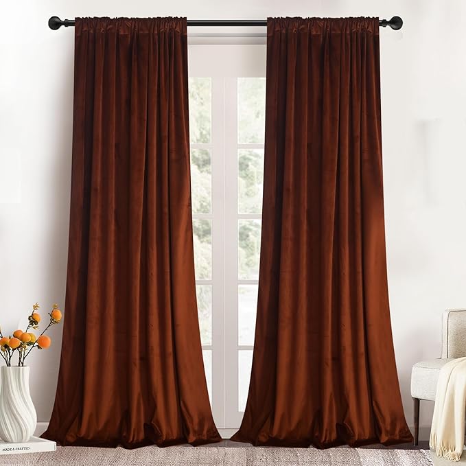 Roslynwood Luxury Soft Rust Velvet Curtains 84 inches Long Back Tab Thermal Insulated Blackout Window Drapes for Living Room/Bedroom/Dining Room, W52 x L84, 2 Panels
