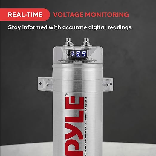 Pyle 3.2 Farad Digital Power Capacitor, High-Performance Car Audio Capacitor, LED Display, Electronic Polarity Protection, Over Voltage Protection, Includes Mounting Hardware and Post Kits, 2.9"x9.7"