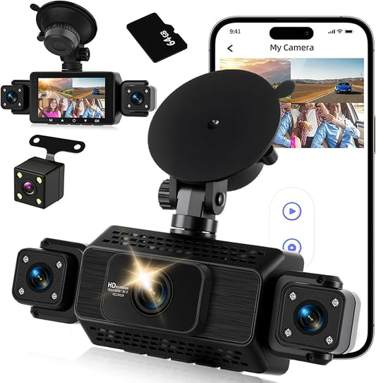 NHOPEEW 4 Channel Dash Cam, Front and Rear Inside Left Right, 3 inch IPS Screen Camera for Car Security 360, 5G WiFi & APP Control, 8 IR Night Vision, G-Sensor, Parking Mode, with 64GB TF Card