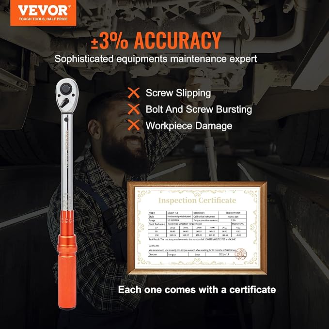 VEVOR 1/2-inch Drive Click Torque Wrench, 10-150ft.lb/14-204n.m Mechanical Dual Range Scales, Dual-Direction Adjustable with Adapters Extension Rod