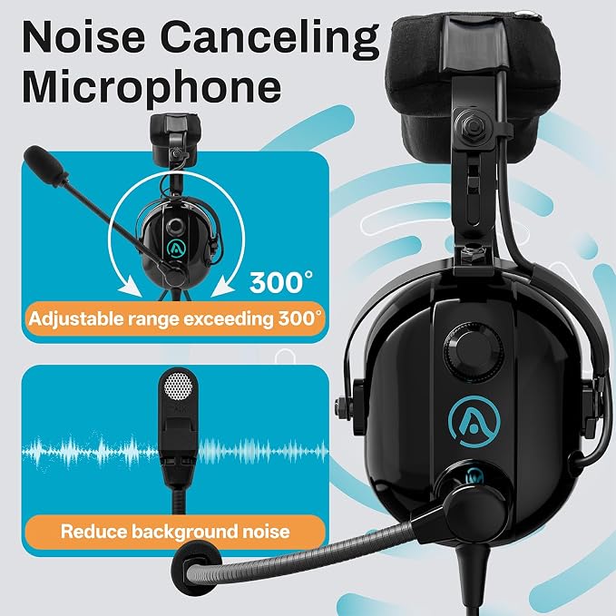 AIRVOICE Pilot Headset with Passive Noise Reduction, PNR General Aviation Headset with Comfortable Earpads and Noise Canceling Microphone, for Pilot, Flight School Student, Instructor