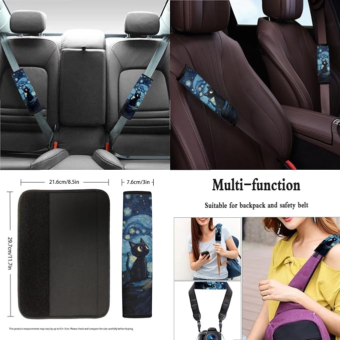 Xoenoiee Blcak Cat Starry Night Print Car Seat Covers and Accessories, Front Rear Seat Covers, Steering Wheel Cover, Seat Belt Pads, Coasters, Keychains for Car SUV Decor, 11 PCS Set