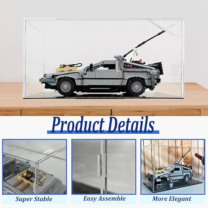 Acrylic Display Case for Lego 10300 Back to The Future Time Machine, 15.7" x 7.9" x 7.9" Dustproof Showcase, 3mm Thick Crystal Clear Box with Tool-Free Assembly for Collectibles, Figures & Models
