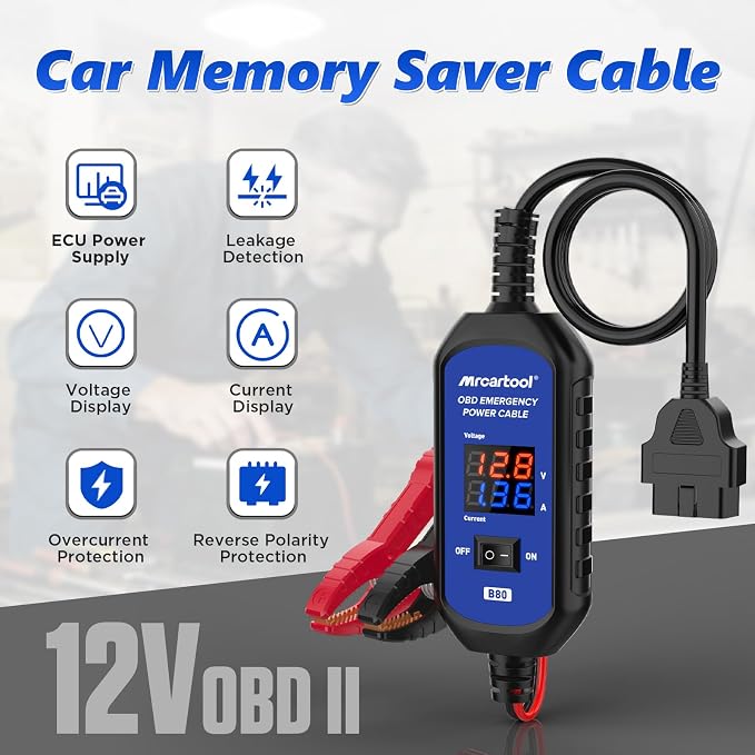 OBD II Car Memory Saver Cable 12V Vehicle ECU Emergency Power Supply Cablewith Voltage and Current Display OBD II Battery Leakage Detective Kit with 3A Fuse & 2 Alligator Clips