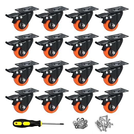2" Caster Wheels Set of 16, Heavy Duty with Brake | No Noise, Locking, Polyurethane (PU) Wheels, Swivel Plate, Orange, Pack of 16