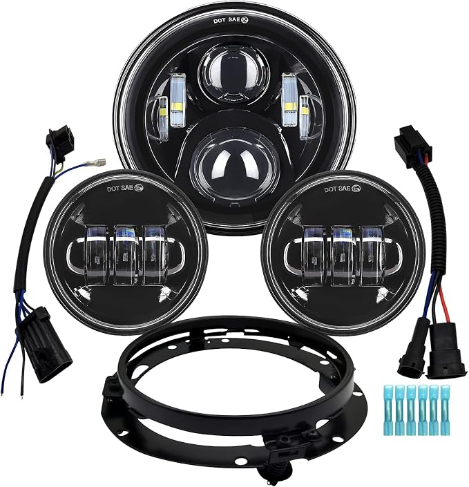 AlyoNed 7 inch Motorcycle LED Headlight 4.5" Fog Passing Lights DOT Kit Compatible with Harley Davidson Fat Boy Street Glide Heritage Softail Road King Switchback Electra Glide Ultra Classic Black