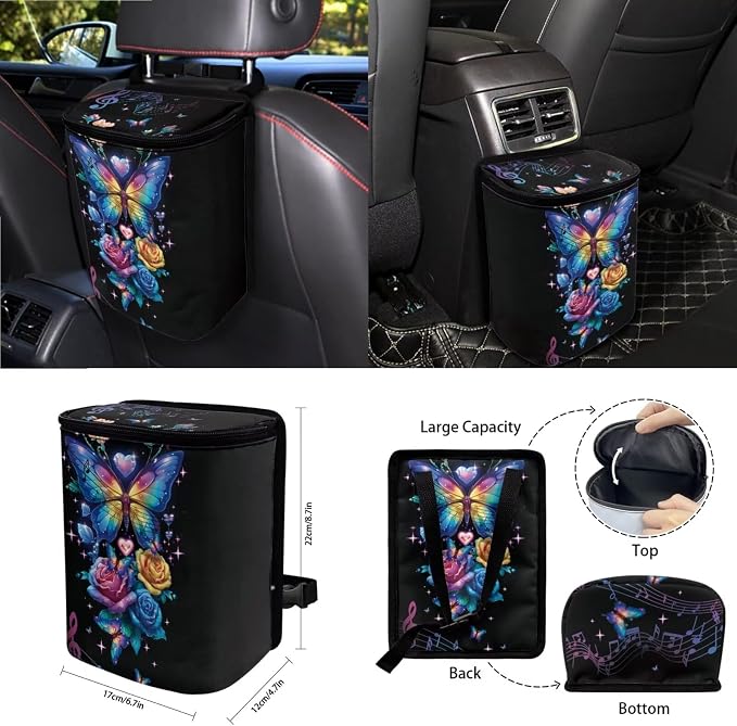 Butterfly Rose Car Seat Covers 15Pcs Full Set Car Steering Wheel Cover Seat Belt Cover Trash Bin Air Vent Storage Box Rear View Mirror Car Cup Holder Keychain Music Notes Print