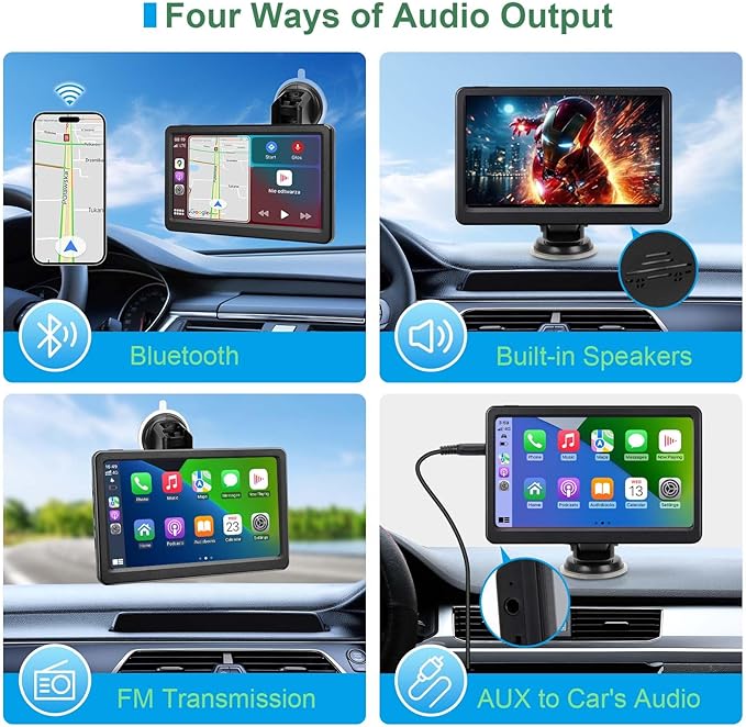 Wireless Carplay Screen for Car, 7" HD Portable Car Stereo Touch Screen, Compatible with Apple Carplay and Android Auto, with GPS Navigation, Bluetooth, Mirror Link, Voice Control, AUX Input, FM Radio