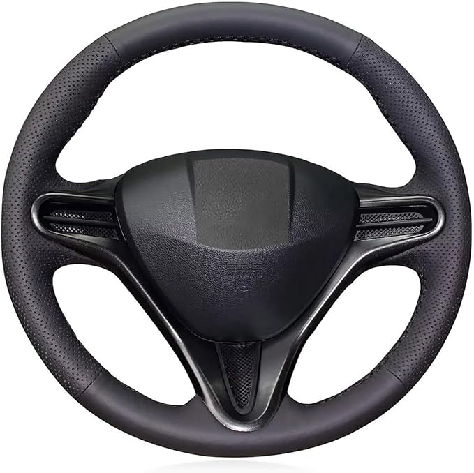 Loncky Black Genuine Leather Carbon Fiber Steering Wheel Cover for Honda Civic 8 2006 2007 2008 2009 2010 2011 Car Custom Fit Hand Stitched OEM DIY Suede Car Interior Parts Accessories