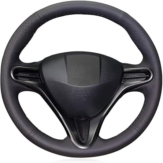 Loncky Black Genuine Leather Carbon Fiber Steering Wheel Cover for Honda Civic 8 2006 2007 2008 2009 2010 2011 Car Custom Fit Hand Stitched OEM DIY Suede Car Interior Parts Accessories