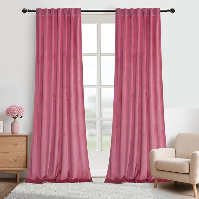 Roslynwood Luxury Soft Candy Pink Velvet Curtains 63 inches Long Back Tab Thermal Insulated Blackout Window Drapes for Living Room/Bedroom/Dining Room, W52 x L63, 2 Panels