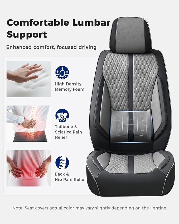 Huidasource Automotive Seat Covers, Nappa Leather Seat Covers Leather with Velcro Adjustable, Airbag, Lumbar Support, Cooling＆Heating, Waterproof Seat Covers Fit for Most Cars SUV Trucks, Black＆Gray