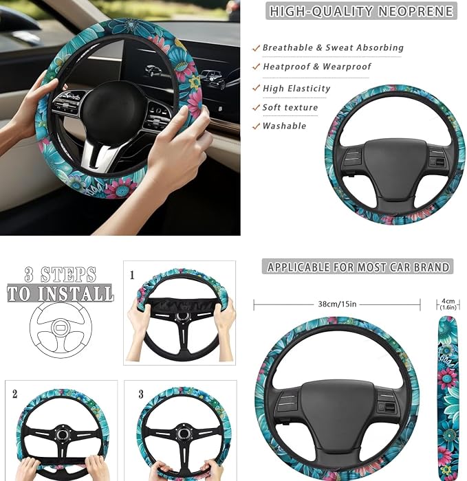 8 Pcs Novelty Flower Car Seat Covers Full Set Car Accessories for Women Front Seat Cover Steering Wheel Armrest Cover Seat Belt Cover for Auto SUV Interior Decoration