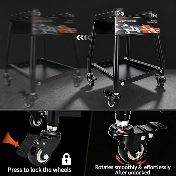 JFG RACING Dirt Bike Stand Detachable Dirt Bike Maintenance Stand Movable Pit Bike Stand with Wheels and Tool Tray
