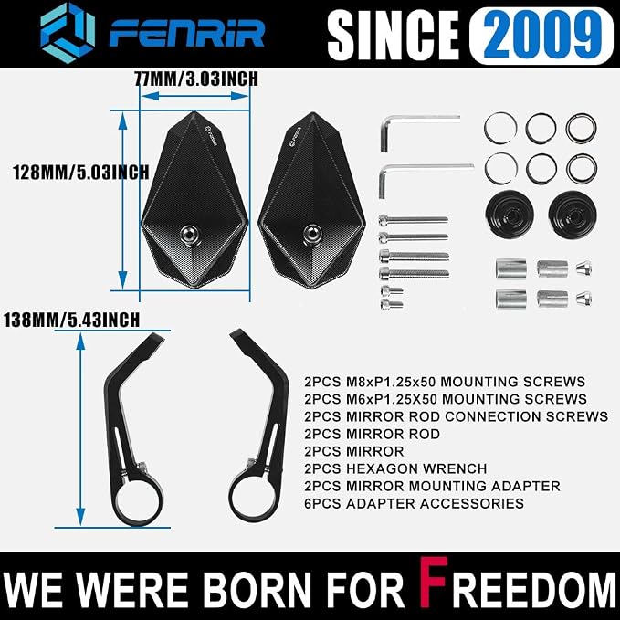 FENRIR CNC Aluminum Alloy Cafe Racer Black Motorcycle Bar End Mirrors Side 22MM 7/8" Inch Handlebar Mirror Universal Rear View For M8/M6 Standard Super Sport Naked Street Bike Cruiser Scooter Minimoto