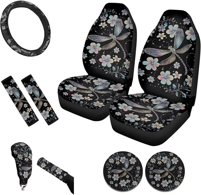 Tupalatus Dragonfly Pattern Car Seat Covers Full Set Fashion Car Interior Accessories Steering Wheel Cover Auto Seat Belt Cover Coasters Gear Shift Cover Hand Brake Cover 9 Pieces