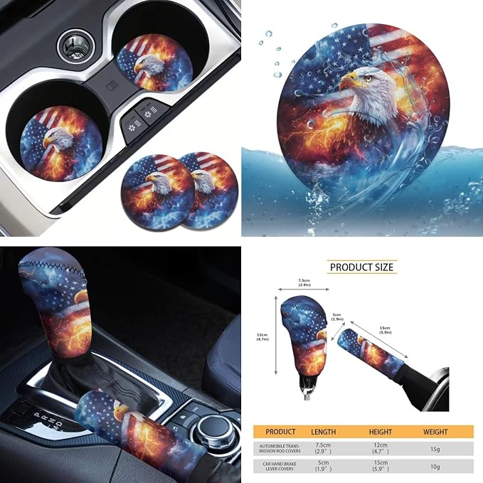 Tupalatus 9 Pcs American Flag Eagle Car Seat Covers Full Set Stretchable Steering Wheel Cover Seat Belt Pads Cover Coasters Gear Shift Hoodie Handbrake Cover Automotive Decor Accessories