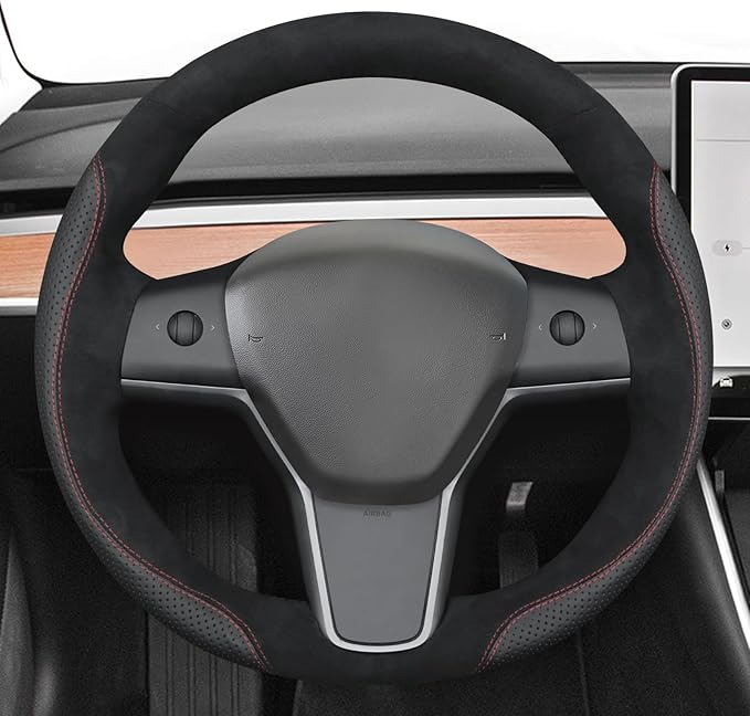 MEWANT Hand Stitch Steering Wheel Cover for Tesla Model Y 2023 Tesla Model 3 2023 Real Leather Athsuede Steering Wrap