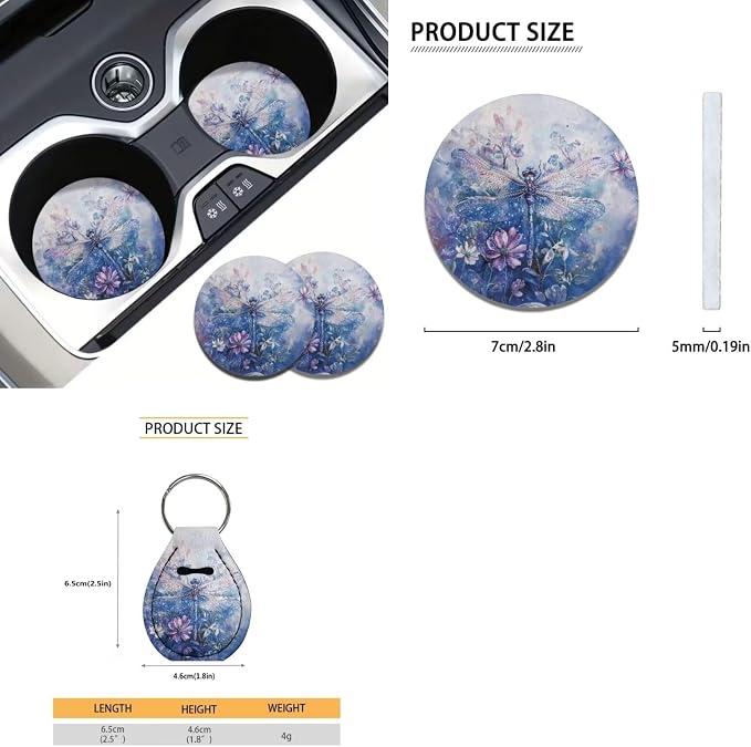 Xoenoiee Dragonfly Beautiful Flowers Print 11 Pieces Car Seat Covers Interior Accessories Set Universal Fit with Steering Wheel Cover, Seat Belt Pads, Keychain, Cup Coasters