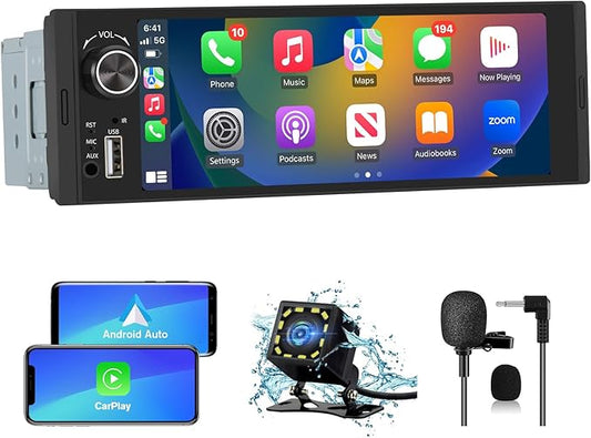 Single Din Car Stereo, 6.36 Inch CarPlay & Android Auto HD IPS Touchscreen Radio with Bluetooth with Backup Camera, Support USB Type-C Charging/USB/Microphone/FM/EQ