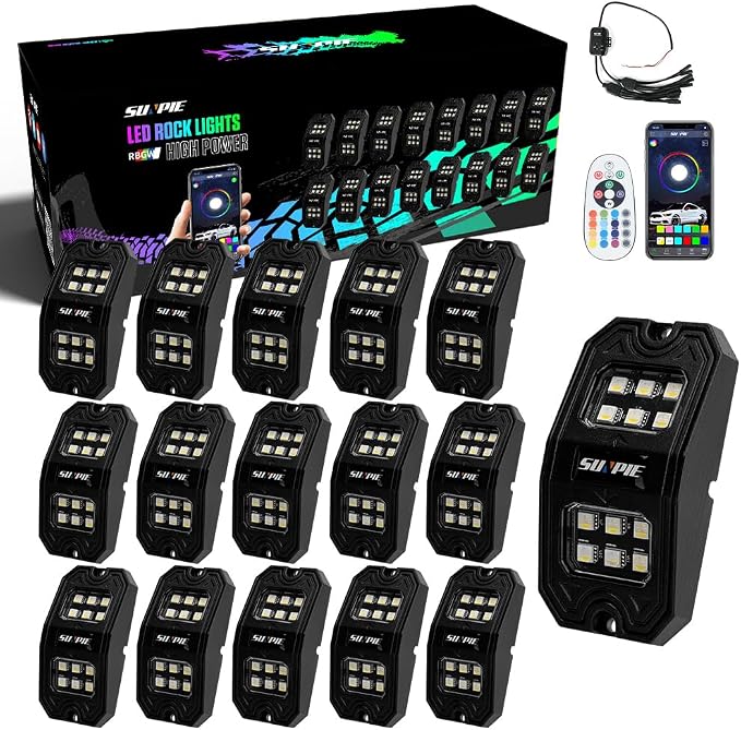 SUNPIE 16 Pods Upgraded 210 Degrees Wide Angle RGBW Rock Lights App/Control Voice Mode Music Mode Automatic Control Neon Light Kit Wheel Well Lights for Off Road Truck SUV ATV UTV Boats