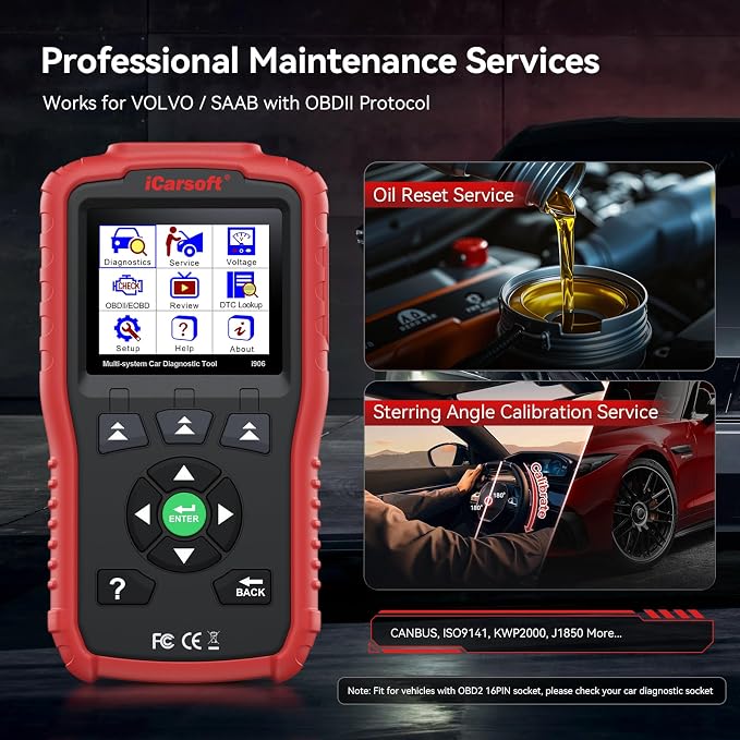 Multi-system OBDII Scanner for Volvo/Saab, iCarsoft i906 Full System Car Diagnostic Tool, Automotive Code Reader with Oil/SAS Reset, Battery Test, Live Graph Data, Full OBD Maintenance