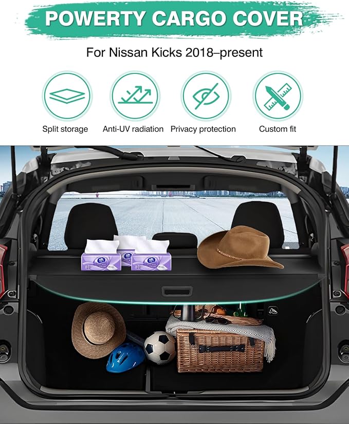 Powerty Cargo Cover for 2018-2024 Nissan Kicks Accessories Trunk Cover Retractable Trunk Shielding Shade Cargo Luggage Cover Withstand The Load