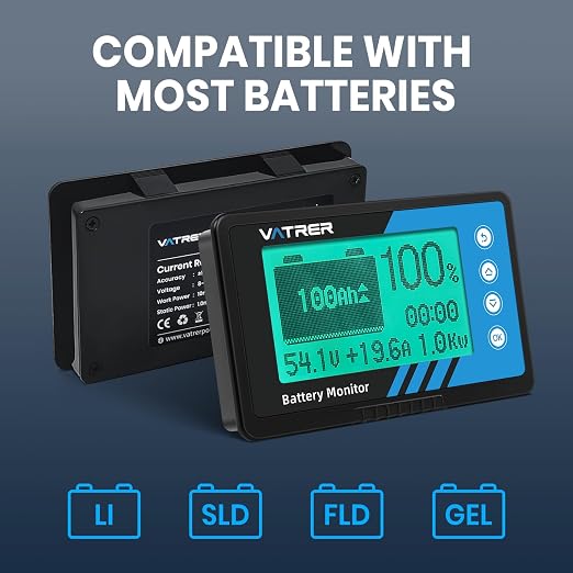 500A Battery Monitor with Shunt, Range 8V-120V up to 500A, Lithium LiFePO4 Lead Acid Battery Capacity Meter for RV Motorcycle Golf Cart Solar Panel with LCD Backlight Screen Buzzer Alarm