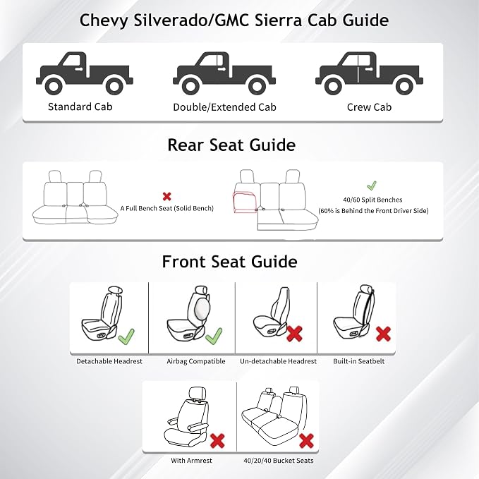 Huidasource Truck Seat Covers Fit for Chevy Silverado GMC Sierra 1500 2007-2013 & 2019-2025, 2500HD 3500HD 2020-2025 Crew Double Extended Cab Pickup Leather Car Seat Cover (Full Set/Black&Blue)