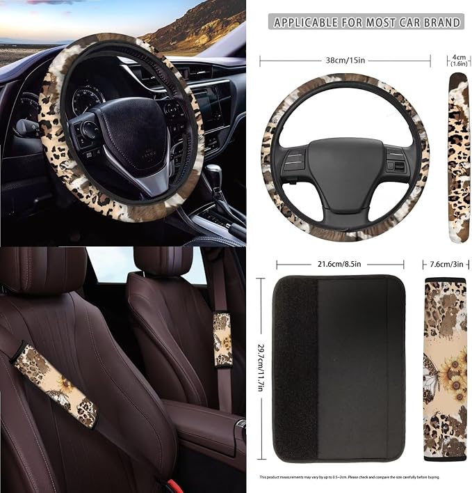 Butterfly Sunflower Print Car Seat Cover Sets for Women Full Set Leopard Cow Print Car Front and Rear Seat Covers with Steering Wheel Cover Safety Belt Pads Garbage Bag Coasters