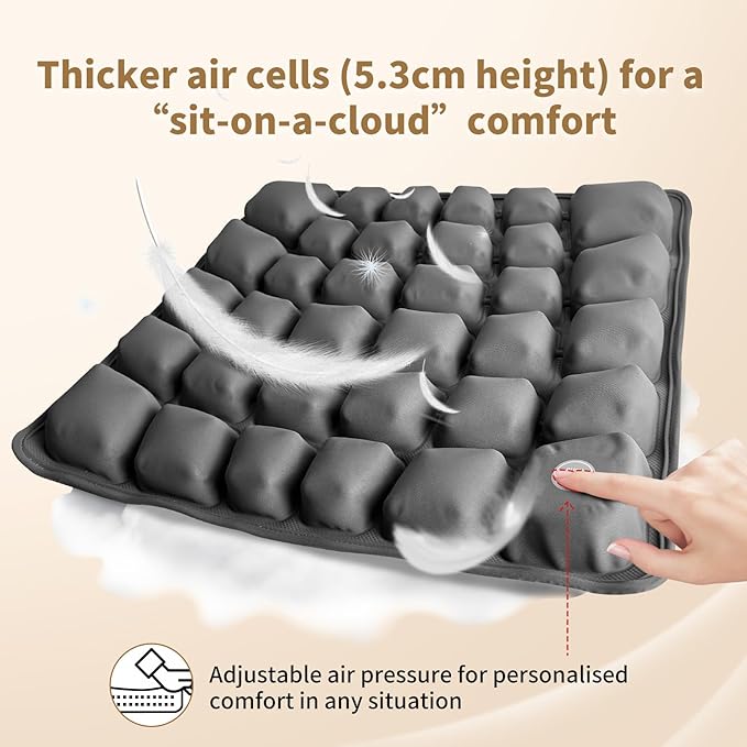 Inflatable Seat Cushion with Built-in Pump for Airplane Travel, Car & Office Chair - Portable Air Pad for Sciatica, Coccyx & Tailbone Pain Relief - 3D Air Cell Support for Long Sitting, 0.8lbs