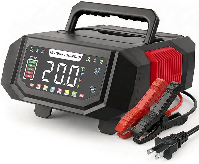 1-20A Smart Battery Charger, 12V/24V Automatic Automotive Battery Maintainer & Desulfator with Temperature Compensation, Adjustable Amp Trickle Charger for Lead-Acid, AGM, Gel, LiFePO4