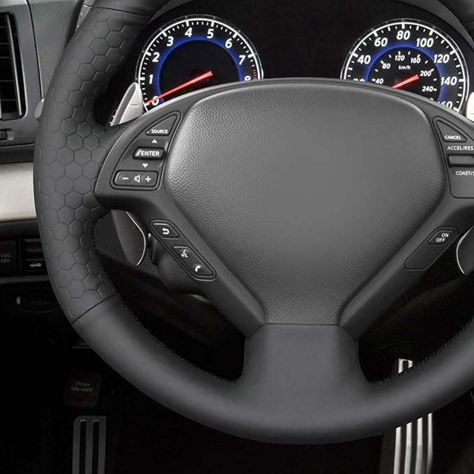 MEWANT Hand Sew Black Solid Embossed Artificial Leather Steering Wheel Cover for Infiniti G25 G35 G37 EX35 EX37 Q60 QX50