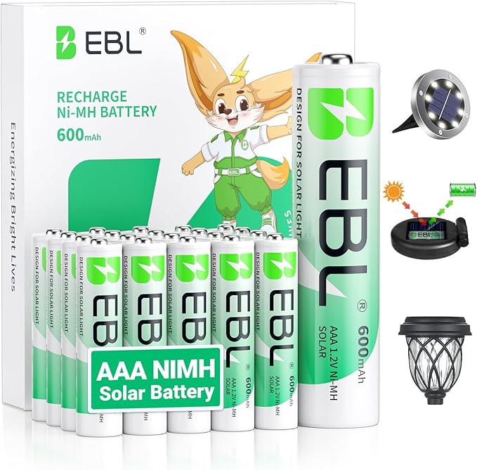 EBL Rechargeable AAA Batteries AAA Solar Battery for Outdoor Solar Lights Garden Light Replacement 1.2V 600mAh Battery AAA Size - 20 Packs