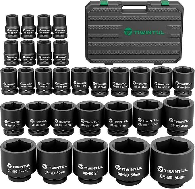 3/4” Impact Socket Set 30 PCS, SAE 11/16” - 2” & Metric 17-60mm | 6-Point Design, CR-MO Steel, Rugged Construction, Heavy Duty Large Impact Sockets for Construction & Agricultural Machinery