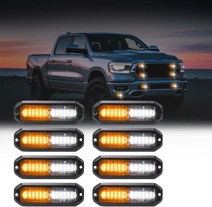 WINECO Amber White led strobe lights for trucks Emergency Strobe Lights Kits for construction Vehicles LED Surface Mount Grill Grille Light Flashing Warning lights With Digital Controller 12 LED