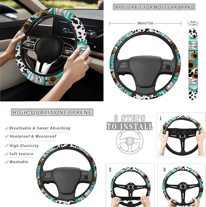 Blue Cow Pattern Sunflower Car Seat Covers Set with Seat Belt Cover, Trash Can & More - 15 Pack