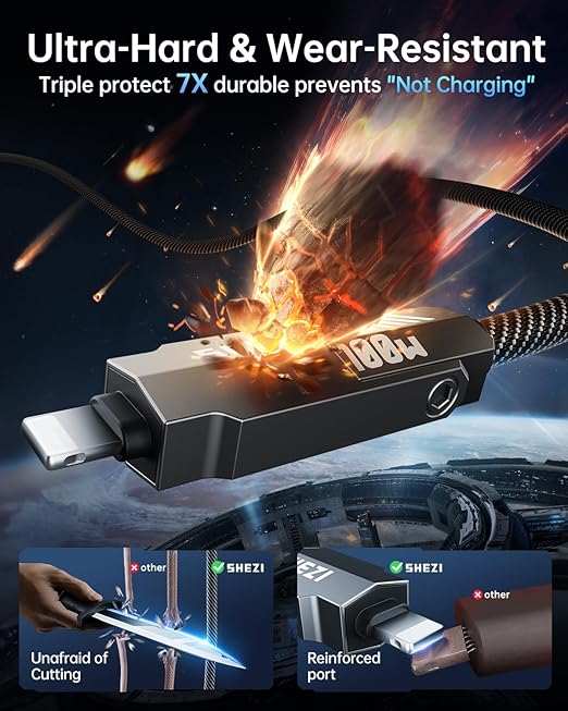 SHEZI Nylon Braided 4 in 1 USB C Cable 240W 3FT Compatible with Lightning Cable, Fast Charging for iPhone/iPad Charger Cord [480Mbps Data Sync],Multi Charging Cable with Type C/USB A, Grey