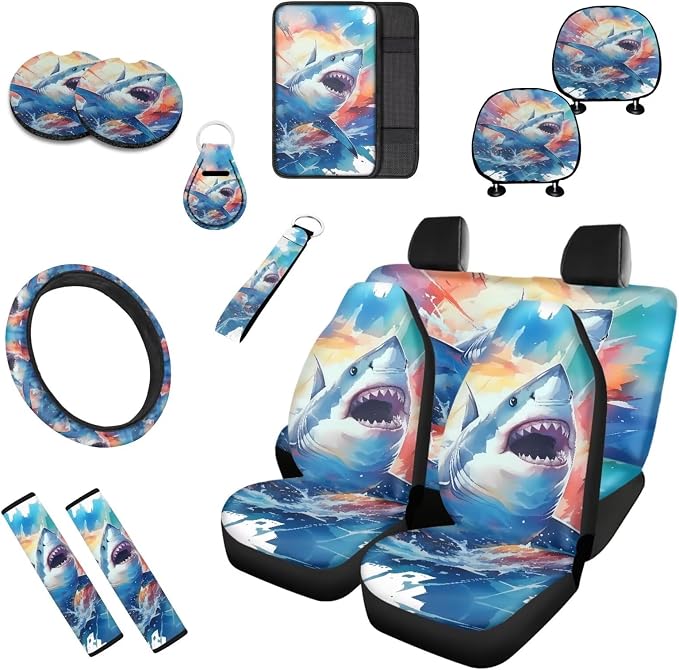 Cartoon Shark Print 13 Piece Car Seat Cover Set for Women Ocean Animal Sharks Pattern Full Set Car Seat Protectors Coaster Pads Decor Accessory