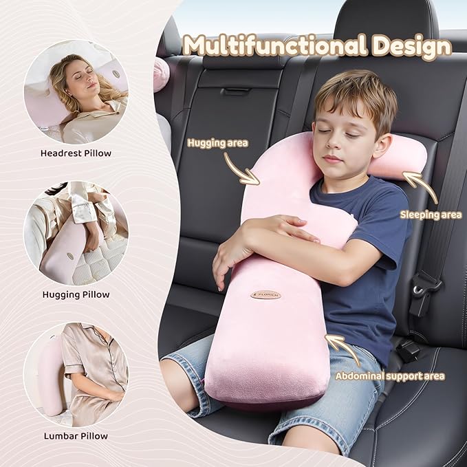 FLORICH Memory Foam Kids Travel Pillow, Car Sleeping Pillow, F-Shape Car Pillows for Adults and Children, Traveling Car Pillow for Kids with Removable Pillowcase (Dark Pink)