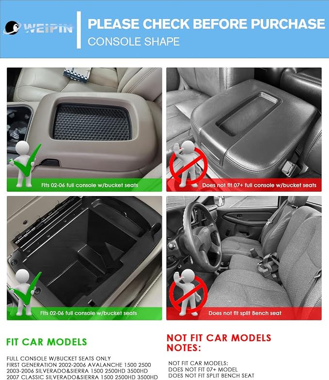 For Center Console Armrest Organizer Tray Compatible with 2003-2007 Classic Silverado/Sierra 1500/2500HD/3500HD & 2002-2006 Avalanche – Full Console w/Bucket Seats Only